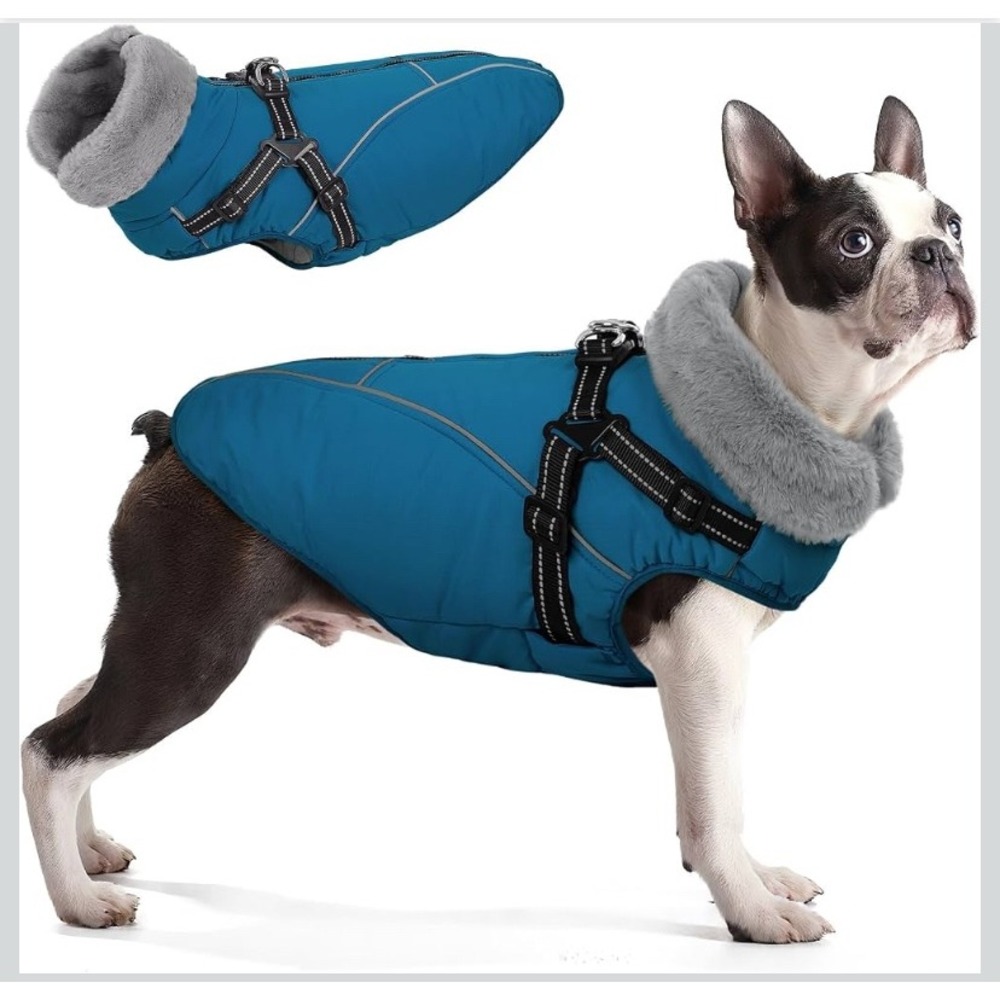 Queenmore Large Fleece Dog Coat Winter Harness 2 In 1 Teal Fleece Lined Puffer